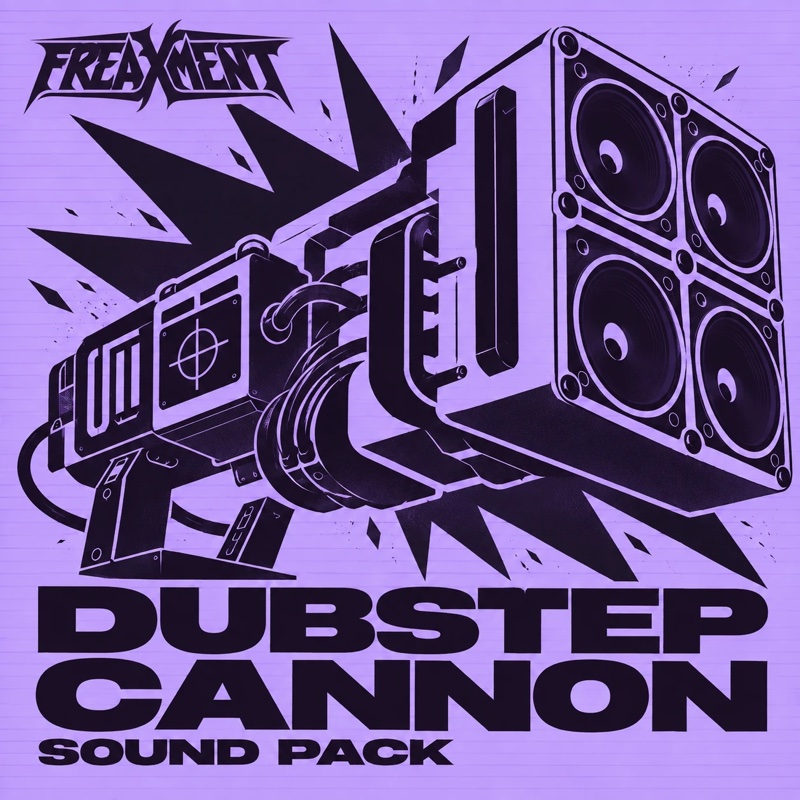 Dubstep Cannon Sound Pack cover: a speaker cannon blasting bass on lavender